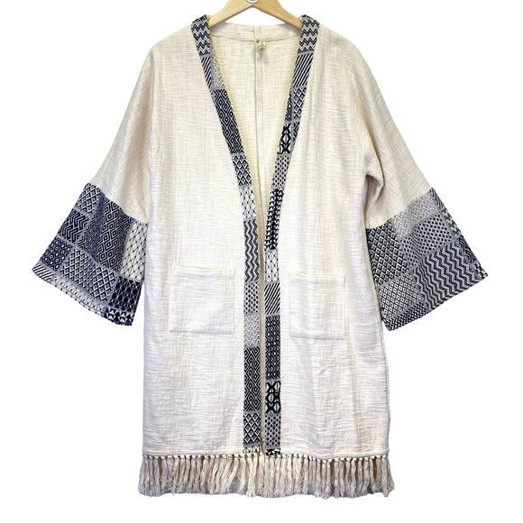 Embroidered Fringe Long Kimono Cardigan Womens L Ivory Black Bohemian - Picture 1 of 7